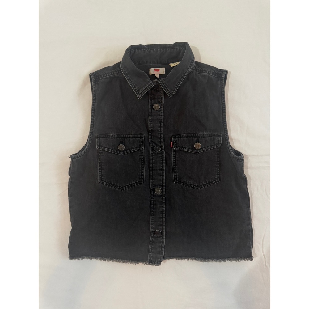 Levi's Maddie Black Denim Button Down Western Biker Grunge Frayed Vest Small